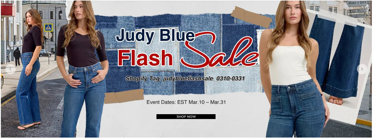 Women modeling high-waisted blue jeans for flash sale, denim backdrop, event details visible.